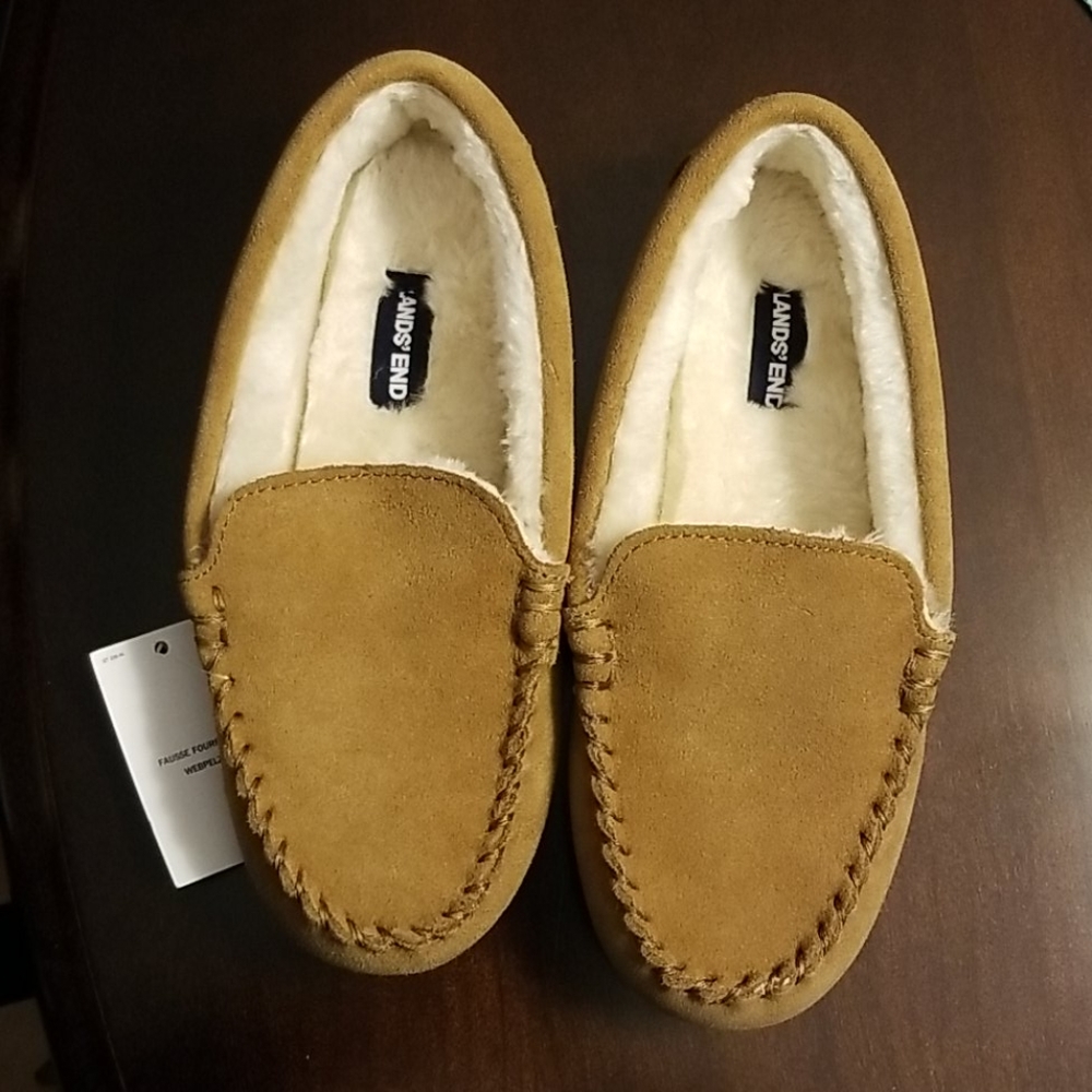 Lands' End Kids Tan Suede Moccasin Slippers with Cream Faux Fur Lining